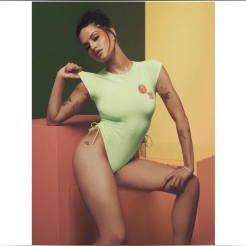Savage X Fenty Womens Size SMALL Neon Green Ruched Terrycloth Thong Bodysuit